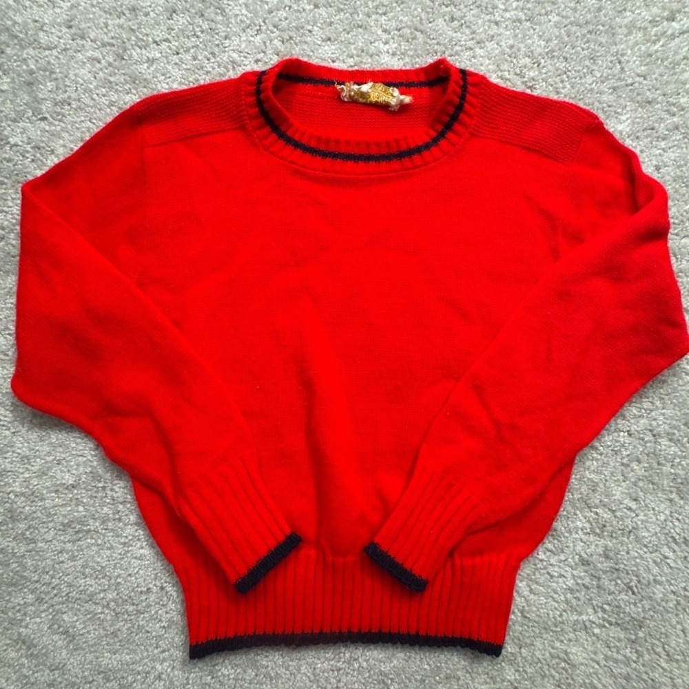 Kate Collins Sweater Women S Red Excellent Vintage Crewneck Black Trim USA Made